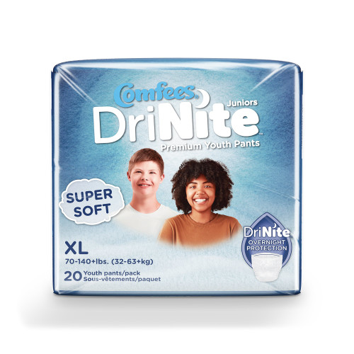 Comfees DriNite Juniors Unisex Youth Absorbent Underwear Pull On with Tear Away Seams X-Large Disposable Heavy Absorbency, CMF-YXL80, Bag of 20