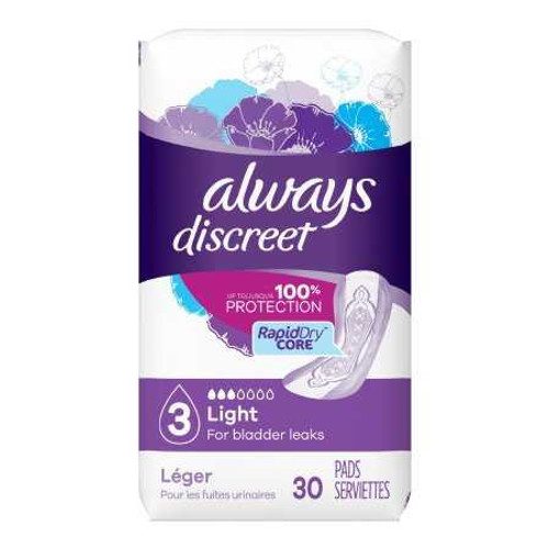 Bladder Control Pad Always® Discreet 9.4 Inch Length Light Absorbency Superabsorbant Core Size 3 03700088658 Case of 90 03700088658 Always® Discreet 928408_CS