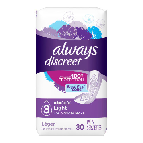 Always Discreet Bladder Control Pad 9.4 Inch Length Light Absorbency Super Absorbent Core Size 3, 03700088658, Case of 90