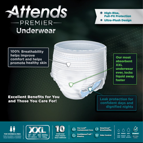Attends Premier Absorbent Underwear Pull On with Tear Away Seams Adult 2X-Large Unisex Disposable Heavy Absorbency, ALI-UW50, Case of 40
