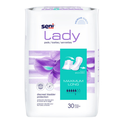 Seni Lady Maximum Bladder Control Pad 11 Inch Length Moderate Absorbency Super Absorbent Core One Size Fits Most, S-5P30-PS1, Pack of 30