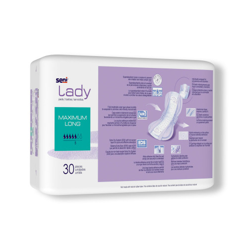 Seni Lady Maximum Bladder Control Pad 11 Inch Length Moderate Absorbency Super Absorbent Core One Size Fits Most, S-5P30-PS1, Case of 180