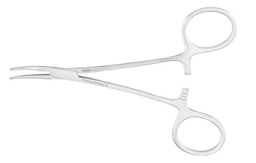 Hemostatic Forceps Miltex Halsted-Mosquito 5 Inch Length OR Grade German Stainless Steel NonSterile Ratchet Lock Finger Ring Handle Curved Serrated Tips 7-4 Pack of 1