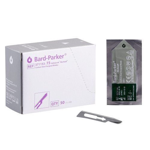 Surgical Blade Bard-Parker SafetyLock Rib-Back Carbon Steel No. 15 Sterile Disposable Individually Wrapped 371153 Box of 50