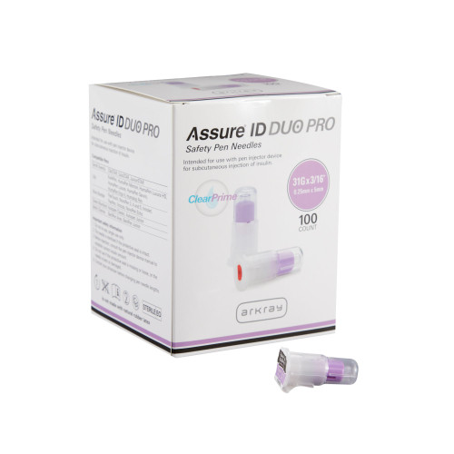 Safety Insulin Pen Needle Assure ID DUO Pro 31 G x 5 mm, Automatic Safety With Back-End Shield 277531 Box of 100