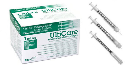 Safety Tuberculin Syringe with Needle UltiCare 1 mL 5/8 in x 25 G, Sliding Safety Needle Regular Wall 25158 Case of 500