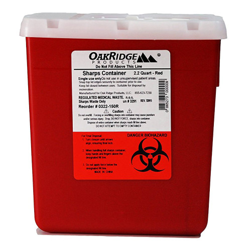 OakRidge Sharps Container Translucent Red Base 6-1/3 L X 4-2/3 W X 6-1/3 H Inch Vertical Entry 0.55 Gallon, 0322-150R, Case of 60