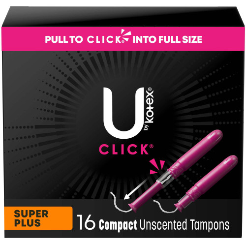 U by Kotex Click Tampon Super Plus Absorbency Plastic Applicator Individually Wrapped, 51582, Pack of 16