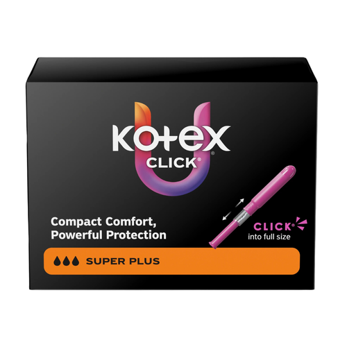 U by Kotex Click Tampon Super Plus Absorbency Plastic Applicator Individually Wrapped, 51582, Pack of 16