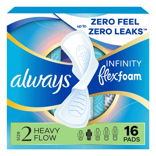 Always Infinity with Flex Foam Feminine Pad Maxi with Wings, Unscented, Size 2, Super Absorbency, Box of 16