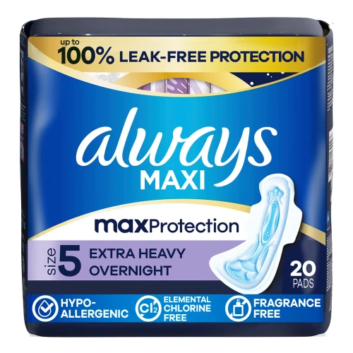 Always Maxi Feminine Pad Extra Overnight Heavy Absorbency, Size 5, Unscented, Pack of 20