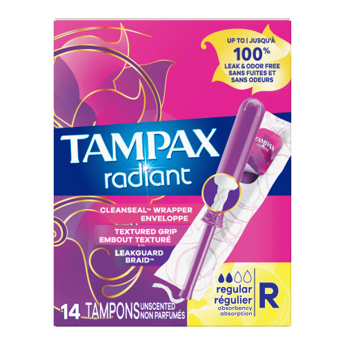 Tampax Radiant Tampon Regular Absorbency Plastic Applicator Individually Wrapped, 07301071306, Box of 1
