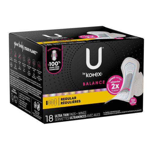 U by Kotex Balance Feminine Pad Ultra Thin with Wings Regular Absorbency, 54898, Case of 108