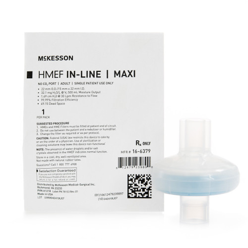 McKesson Heat and Moisture Exchanger with Filter 32.1 mg H?O/L @ VT 500 mL 1.43 cm H?O @ 30 LPM, 16-6379, Case of 50