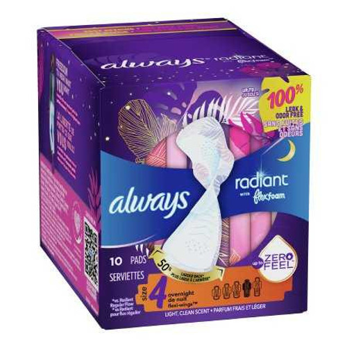 Feminine Pad Always® Radiant with FlexFoam Overnight / With Wings Heavy Absorbency 03700081811 Box of 10 03700081811 Always® Radiant with FlexFoam 1231746_BX Feminine Pad Always® Radiant with FlexFoam Overnight / With Wings Heavy Absorbency 03700081811 Box of 10 03700081811 Always® Radiant with FlexFoam 1231746_BX