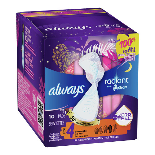 Always Radiant with FlexFoam Feminine Pad Overnight / With Wings Heavy Absorbency, 03700081811, Box of 10
