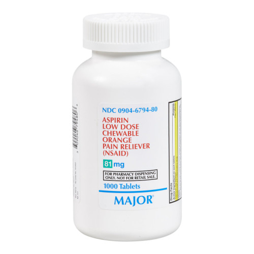 Major Low Dose Pain Relief 81 mg Strength Aspirin Chewable Tablet 1,000 per Bottle, 00904679480, Bottle of 1