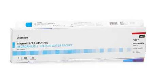 Urethral Catheter McKesson Coude Tip Hydrophilic Coated PVC 18 Fr. 16 Inch 16-MH1618C Box of 30 16-MH1618C McKesson 1135734_BX