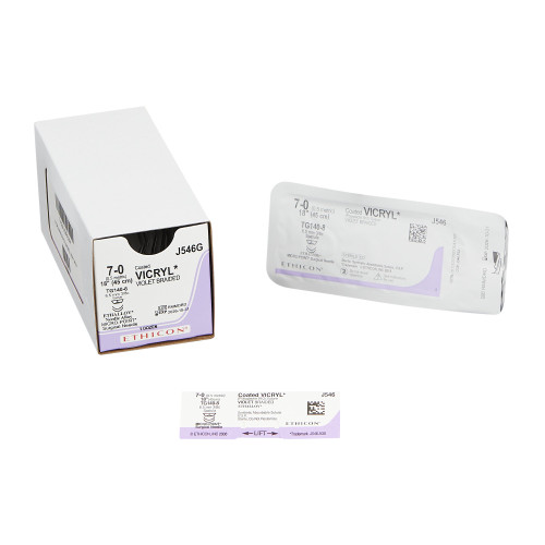 J & J Coated Vicryl Absorbable Suture with Needle, Size 7 - 0, 18'' Suture, Double-Armed, Violet, Needle Length 6.5 mm, 3/8 Circle, Spatula Needle, Box of 12