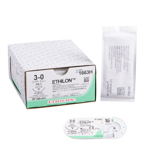 Nonabsorbable Suture with Needle Ethilon Nylon PS-1 3/8 Circle Reverse Cutting Needle Size 3 - 0 Monofilament 1663H Box of 36