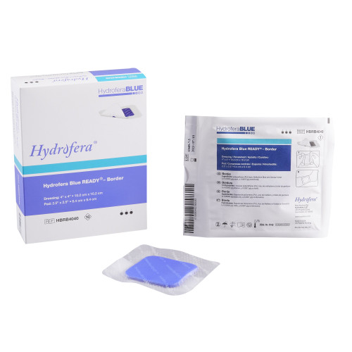 Hydrofera BLUE READY-Border Antibacterial Foam Dressing 4 X 4 Inch With Border Waterproof Film Backing Silicone Adhesive Square Sterile, HBRB4040, Box of 10