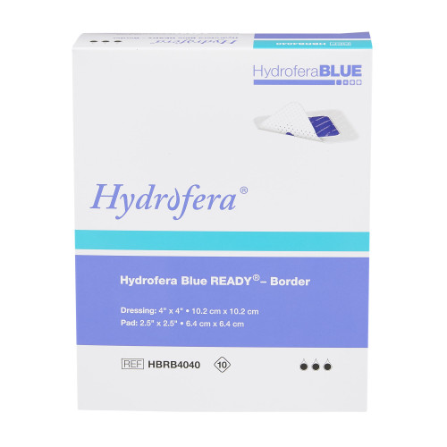 Hydrofera BLUE READY-Border Antibacterial Foam Dressing 4 X 4 Inch With Border Waterproof Film Backing Silicone Adhesive Square Sterile, HBRB4040, Box of 10