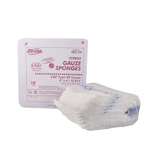 Dukal Gauze Sponge 4 X 8 Inch 12-Ply Sterile X-Ray Detectable 10 per Pack, 482-2X, Case of 480
