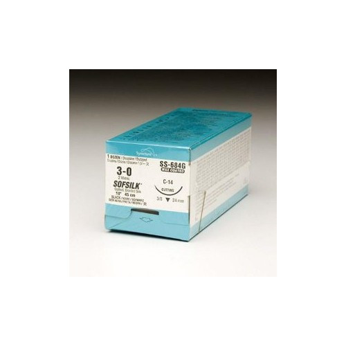 Nonabsorbable Suture with Needle Sofsilk Silk C-14 3/8 Circle Reverse Cutting Needle Size 3 - 0 Braided SS-684G Box of 12
