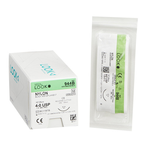 Nonabsorbable Suture with Needle LOOK Nylon C-6 3/8 Circle Reverse Cutting Needle Size 4 - 0 Monofilament 944B Box of 12