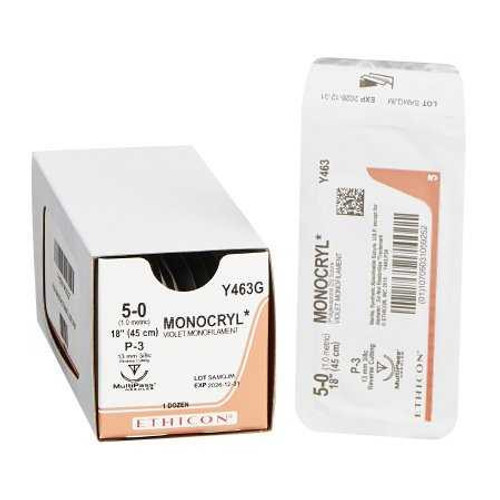 Absorbable Suture with Needle Monocryl™ Poliglecaprone P-3 3/8 Circle Precision Reverse Cutting Needle Size 5 - 0 Monofilament Y463G Box of 12 Y463G Monocryl™ 332441_BX