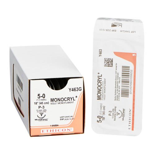 J & J Monocryl Absorbable Suture with Needle, Size 5 - 0, 18'' Suture, 1-Needle, Violet, Needle Length 13 mm, 3/8 Circle, Precision Reverse Cutting Needle, Box of 12