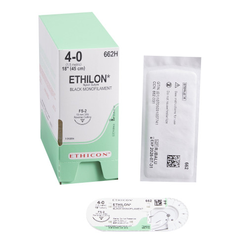 Nonabsorbable Suture with Needle Ethilon Nylon FS-2 3/8 Circle Reverse Cutting Needle Size 4 - 0 Monofilament 662H Box of 36
