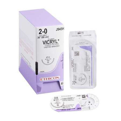 Absorbable Suture with Needle Coated Vicryl™ Polyglactin 910 CT-1 1/2 Circle Taper Point Needle Size 2 - 0 Braided J945H Box of 36 J945H Coated Vicryl™ 106526_BX