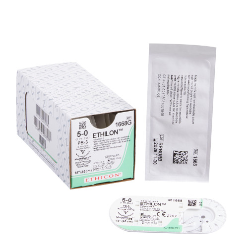 Nonabsorbable Suture with Needle Ethilon Nylon PS-3 3/8 Circle Reverse Cutting Needle Size 5 - 0 Monofilament 1668G Box of 12