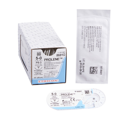 Nonabsorbable Suture with Needle Prolene Polypropylene PS-3 3/8 Circle Precision Reverse Cutting Needle Size 5 - 0 Monofilament 8681G Box of 12