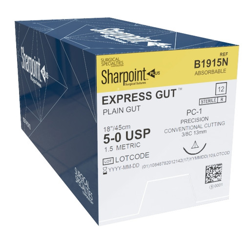 Surgical Specialties Surgical Specialties Absorbable Suture with Needle, Size 5 - 0, 18'' Suture, 1-Needle, Undyed, Needle Length 13 mm, 3/8 Circle, Precision Conventional Cutting Needle, Box of 12