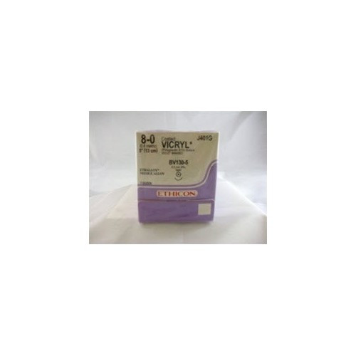 J & J Coated Vicryl Absorbable Suture with Needle, Size 8 - 0, 5'' Suture, 1-Needle, Violet, Needle Length 6.5 mm, 3/8 Circle, Taper Point Needle, Box of 12