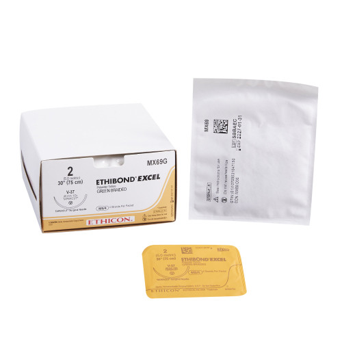 Nonabsorbable Suture with Needle Ethibond Polyester V-37 1/2 Circle Taper Cutting Needle Size 2 Braided MX69G Box of 12