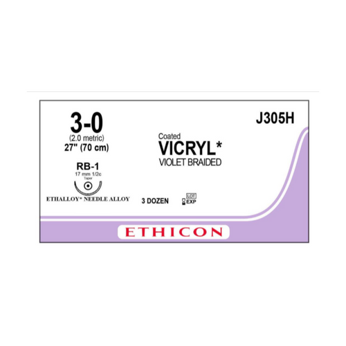 J & J Coated Vicryl Absorbable Suture with Needle, Size 3 - 0, 27'' Suture, 1-Needle, Undyed – Needle Length 26 mm, 1/2 Circle, Taper Point Needle – Box of 1