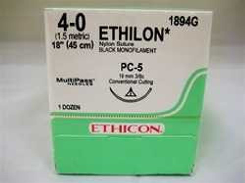 Nonabsorbable Suture with Needle Ethilon™ Nylon PC-5 3/8 Circle Precision Conventional Cutting Needle Size 4 - 0 Monofilament 1894G Box of 12 1894G Ethilon™ 123770_BX