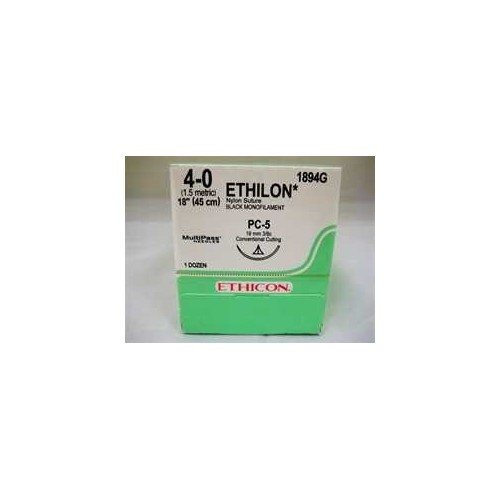 Nonabsorbable Suture with Needle Ethilon Nylon PC-5 3/8 Circle Precision Conventional Cutting Needle Size 4 - 0 Monofilament 1894G Box of 12