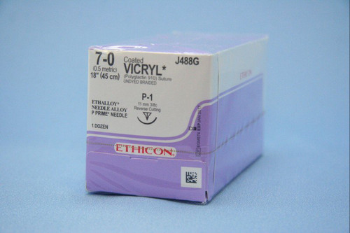 J & J Coated Vicryl Absorbable Suture with Needle, Size 7 - 0, 18'' Suture, 1-Needle, Undyed, Needle Length 11 mm, 3/8 Circle, Precision Reverse Cutting Needle, Box of 12