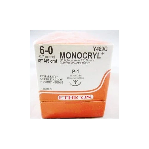 J & J Monocryl Absorbable Suture with Needle, Size 6 - 0, 18'' Suture, 1-Needle, Undyed, Needle Length 11 mm, 3/8 Circle, Precision Reverse Cutting Needle, Box of 12
