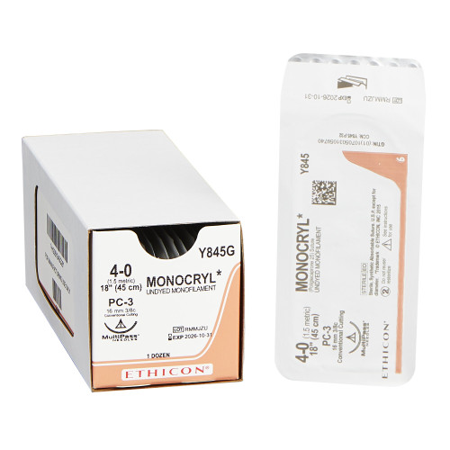 J & J Monocryl Absorbable Suture with Needle, Size 4 - 0, 18'' Suture, 1-Needle, Undyed, Needle Length 16 mm, 3/8 Circle, Precision Conventional Cutting Needle, Box of 12