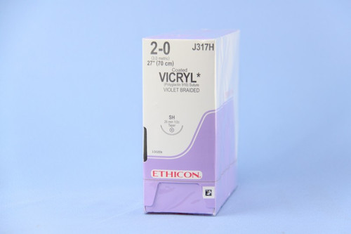J & J Coated Vicryl Absorbable Suture with Needle SH, Size 2 - 0, 27'' Suture, 1-Needle, Violet, Needle Length 26 mm, 1/2 Circle, Taper Point Needle, Box of 36