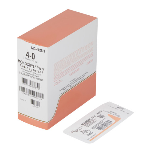 Absorbable Antibacterial Suture with Needle Monocryl Plus Poliglecaprone 25 with Irgacare MP Antibacterial Suture PS-2 3/8 Circle Precision Reverse Cutting Needle Size 4 - 0 MCP426H Box of 1