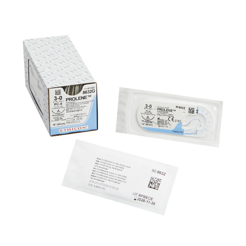 Nonabsorbable Suture with Needle Prolene Polypropylene PC-5 3/8 Circle Precision Conventional Cutting Needle Size 3 - 0 Monofilament 8632G Box of 12
