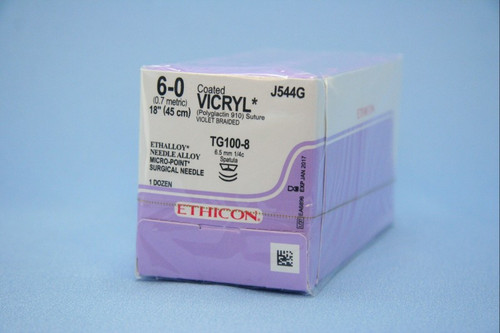 J & J Coated Vicryl Absorbable Suture with Needle, Size 6 - 0, 18'' Suture, Double-Armed, Violet, Needle Length 6.5 mm, 1/4 Circle, Spatula Needle, Box of 12