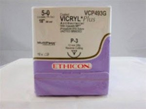 Absorbable Antibacterial Suture with Needle Coated Vicryl Plus Polyglactin 910 with Irgacare MP Antibacterial Suture P-3 3/8 Circle Precision Reverse Cutting Needle Size 5 - 0 Braided VCP493G Box of 12