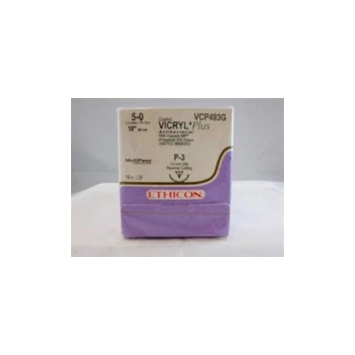 Absorbable Antibacterial Suture with Needle Coated Vicryl Plus Polyglactin 910 with Irgacare MP Antibacterial Suture P-3 3/8 Circle Precision Reverse Cutting Needle Size 5 - 0 Braided VCP493G Box of 12
